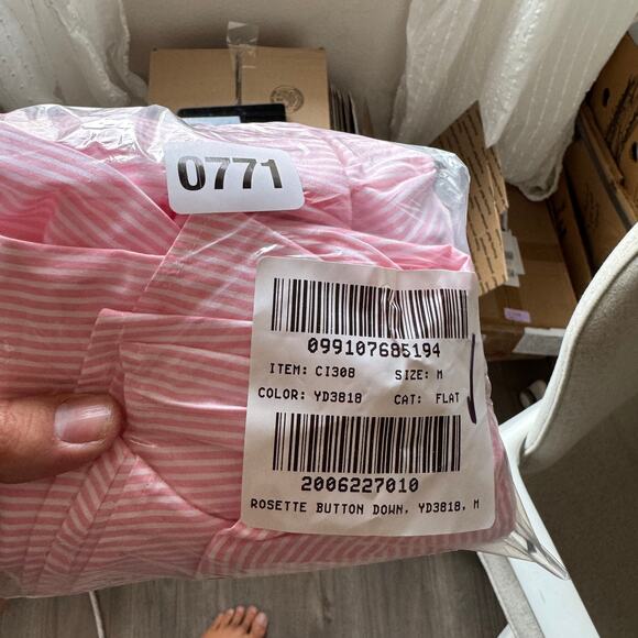 J.Crew Striped Rosette Button-up Shirt WMNS M Pink White 3D Flower Long Sleeve - Picture 7 of 7